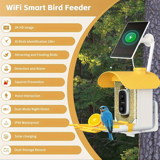 WiFi Smart Bird Feeder with bird on perch against a natural background