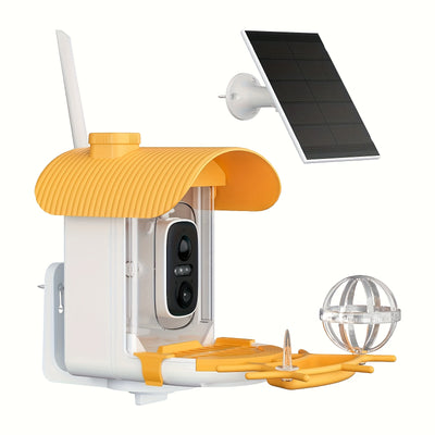 Solar-powered bird feeder with a camera and solar panel on a white background